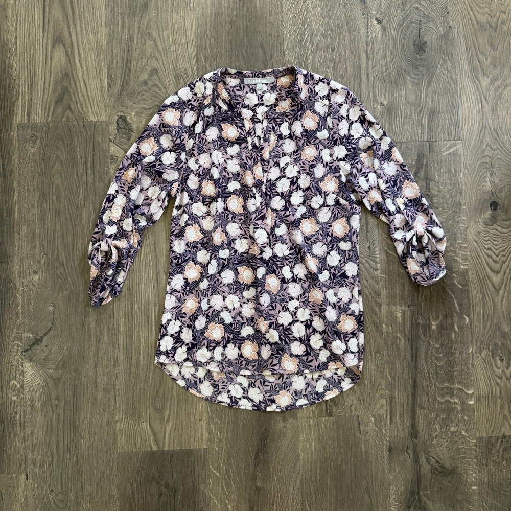 Daniel Rainn Floral Split Neck Blouse S Purple Roll-Tab Sleeve NWOT - Picture 1 of 4